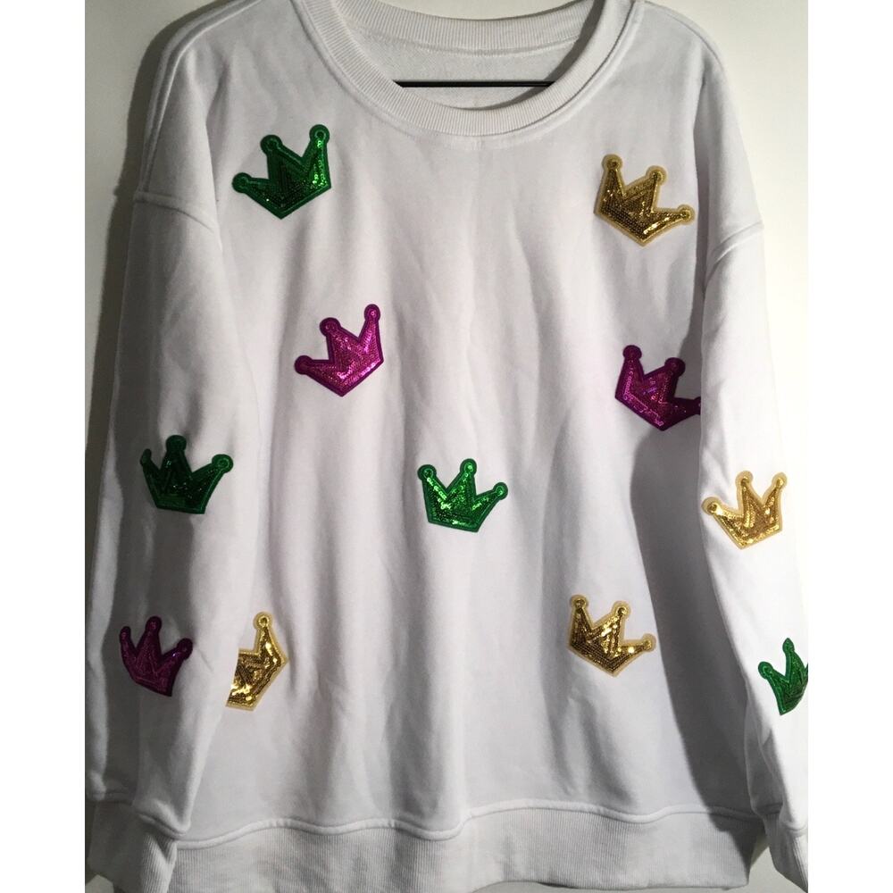 Holiday Mardi Gras Crown & Sequin Colorful Women's White Sweatshirt Size Large - Picture 2 of 4